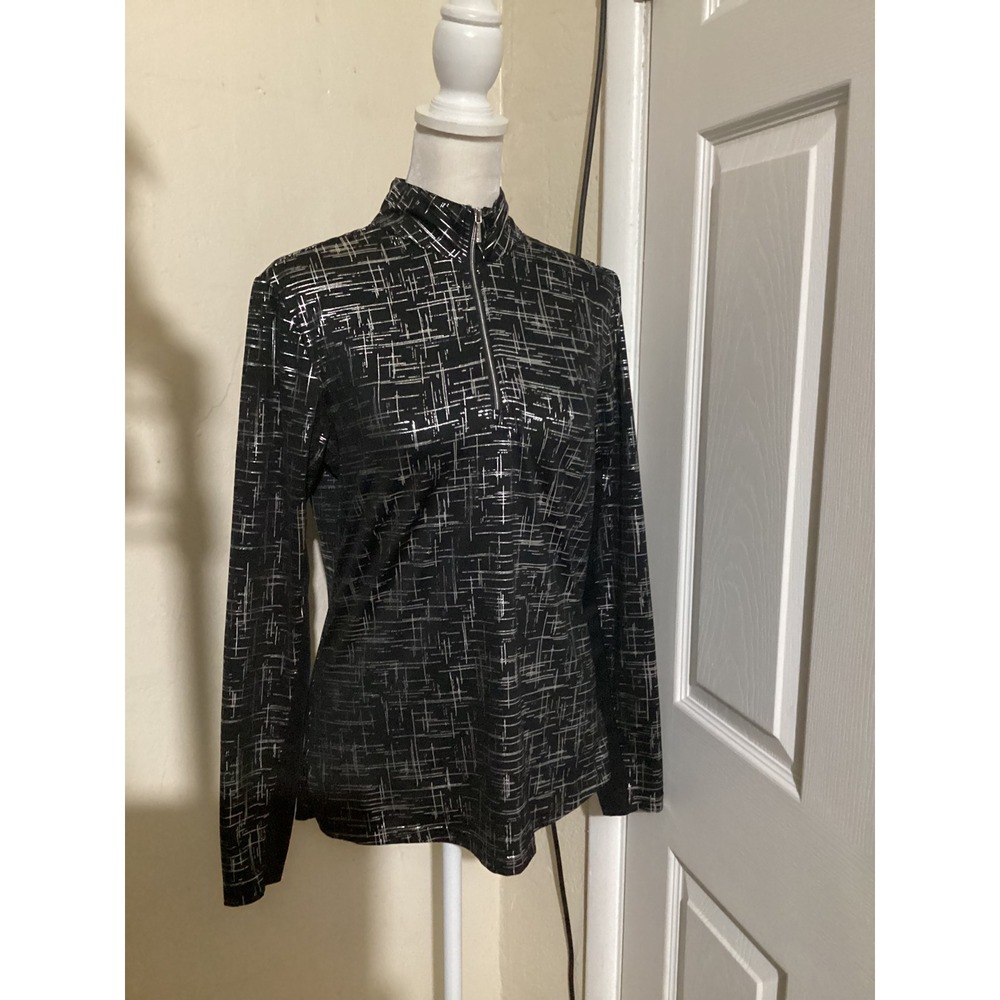 SanSoleil SolCool Womens XS Black Silver Metallic Foil Grid Quarter Zip Top